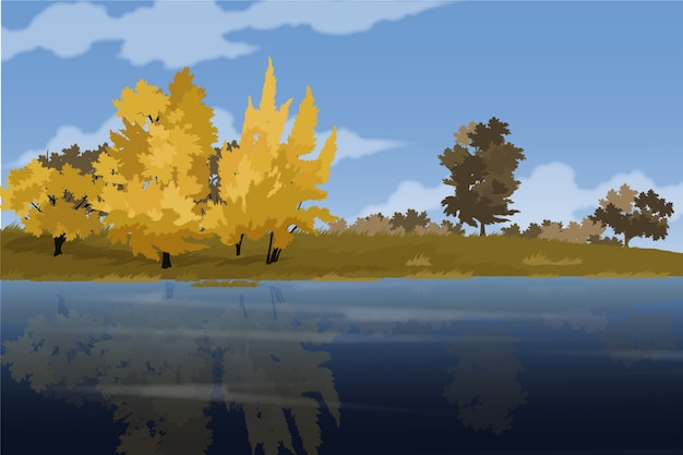 Realistic lake scenery with trees