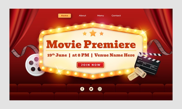 Free vector realistic landing page template for movie premiere event