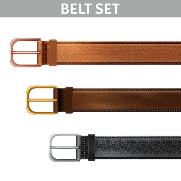 Realistic leather belts set with metal buckles 