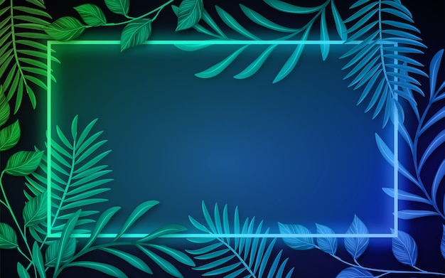 Realistic leaves with neon frame background