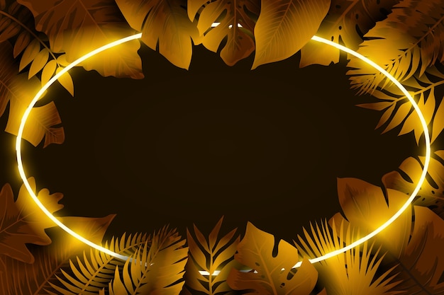 Realistic leaves with neon frame in golden tones