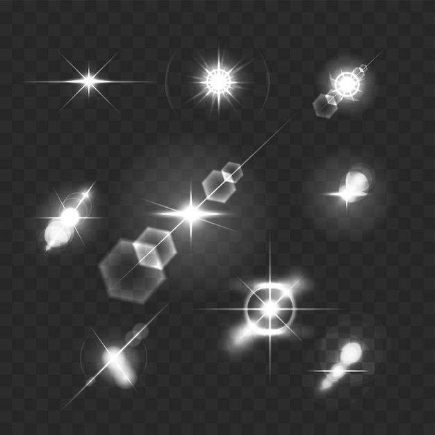 Free Vector realistic lens flares star lights and glow white elements on transparent illustration