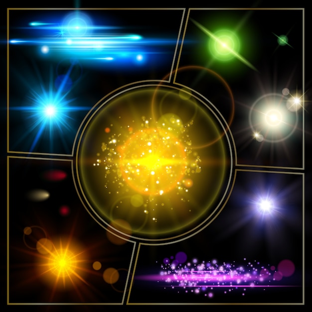 Free Vector realistic light effects composition with bright stars spots illuminated sparkling glittering and sunlight effects