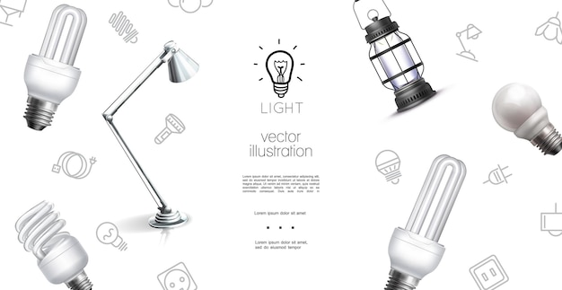 Free vector realistic lighting objects template with lantern lamp bulbs and light equipment icons