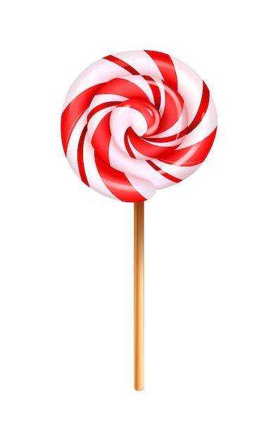 Realistic lollipop composition with image of sweet candy on wooden stick on transparent background vector illustration