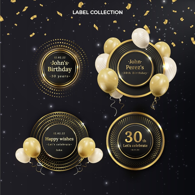 Free vector realistic luxury golden birthday labels