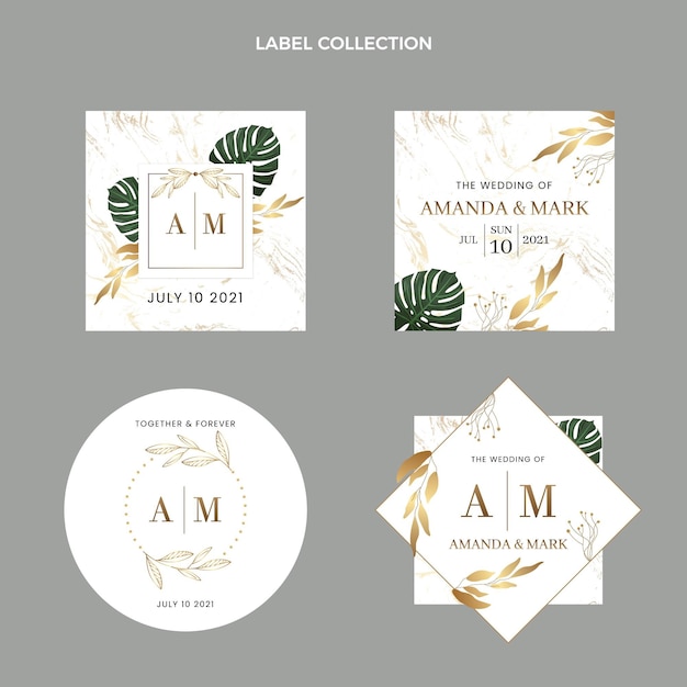 Realistic luxury golden wedding labels