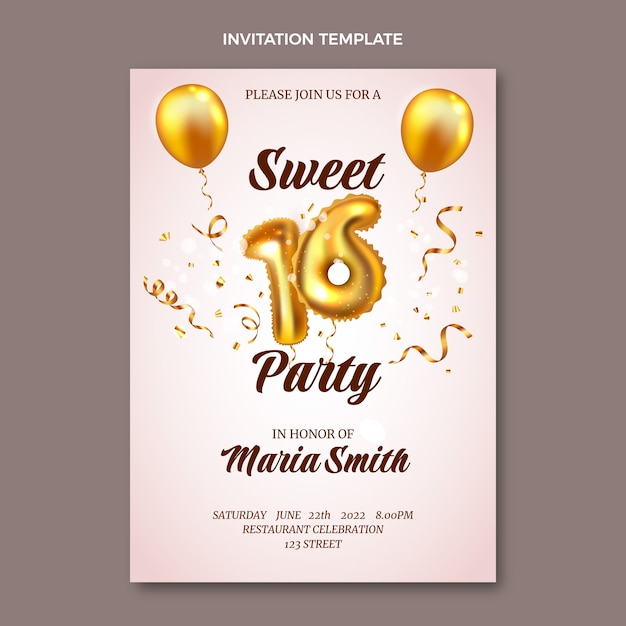 Free vector realistic luxury sweet 16 invitation with balloons