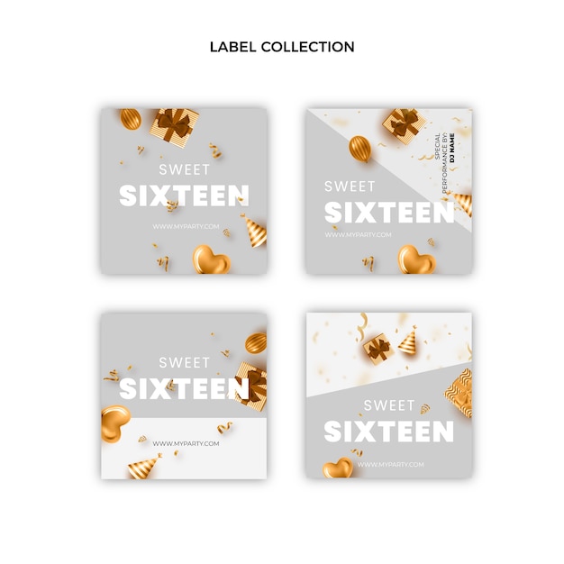 Realistic luxury sweet 16 labels collection