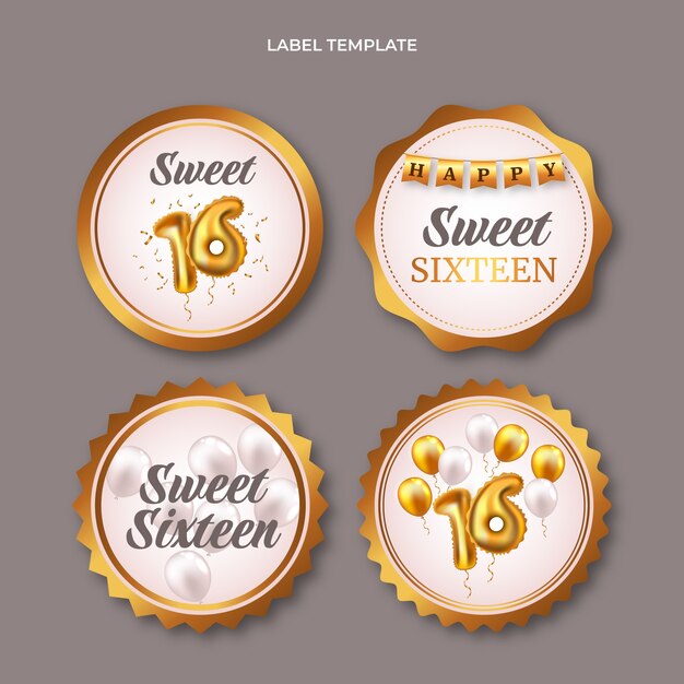 Realistic luxury sweet 16 labels