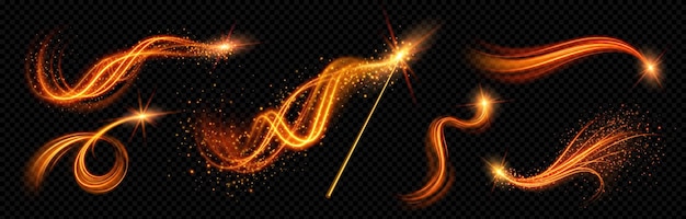 Free Vector realistic magic wand with set of orange light vortex effects isolated on transparent background vector illustration of luminous lines with shiny glitter particles magic energy twirl wizard spell