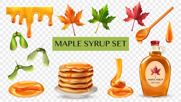 Free Vector realistic maple syrup elements set with bottle spoon leaves seeds drops plate of pancakes on transparent background isolated vector illustration