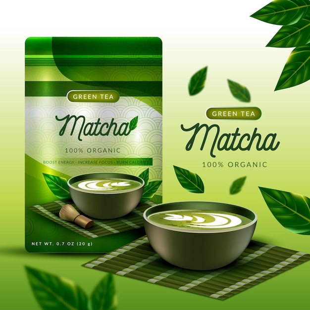 Realistic matcha tea ad concept