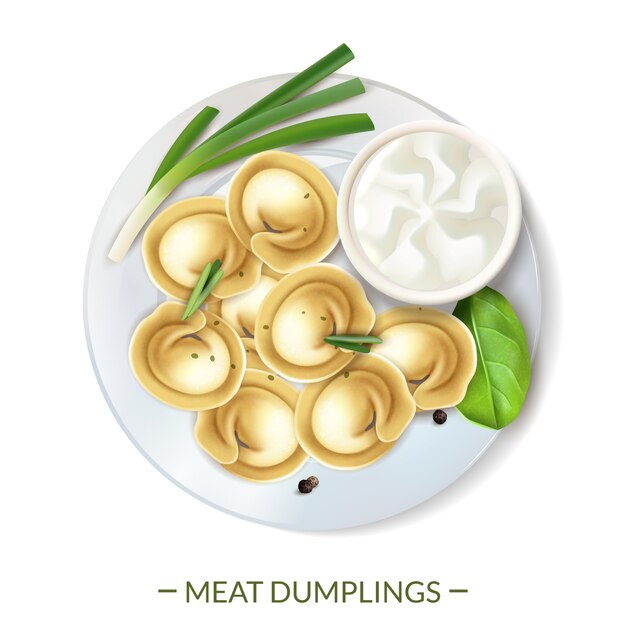 Realistic meat gourmet food composition with text and top view of dumplings served on plate vector illustration