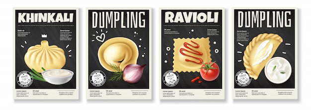 Realistic meat gourmet food set of four vertical dumplings images