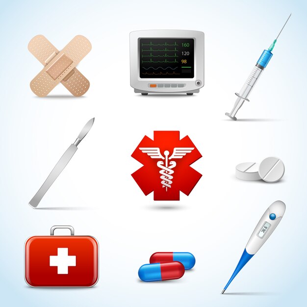 Realistic medical emergency services elements set with capsule sticking plaster scalpel isolated vector illustration.