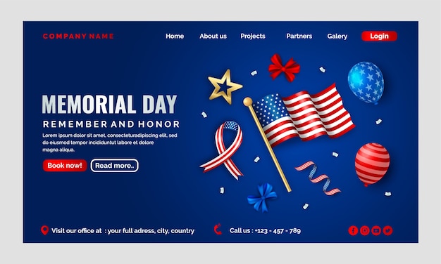 Realistic memorial day landing page template