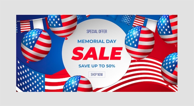 Realistic memorial day sale horizontal banner template