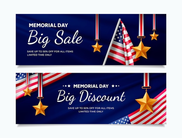 Realistic memorial day sale horizontal banners pack