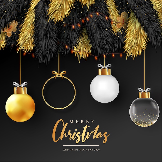 Realistic Merry Christmas Card with Golden Balls Template