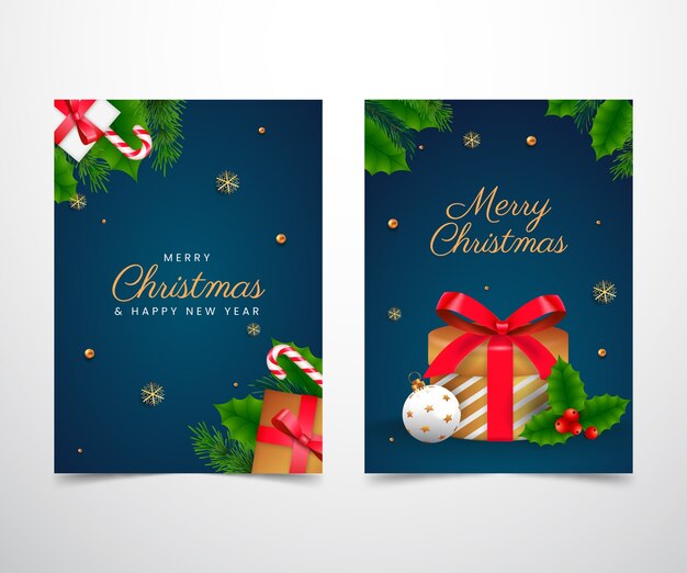 Realistic merry christmas greeting cards set