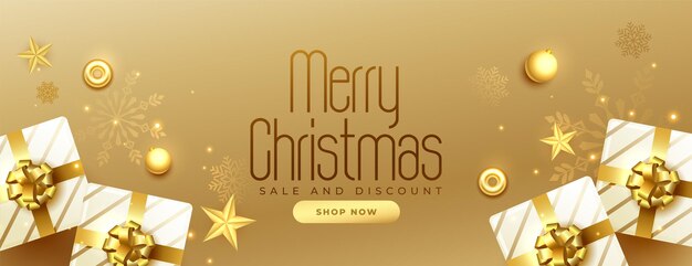 Realistic merry christmas sale golden banner with gift boxes and decoration