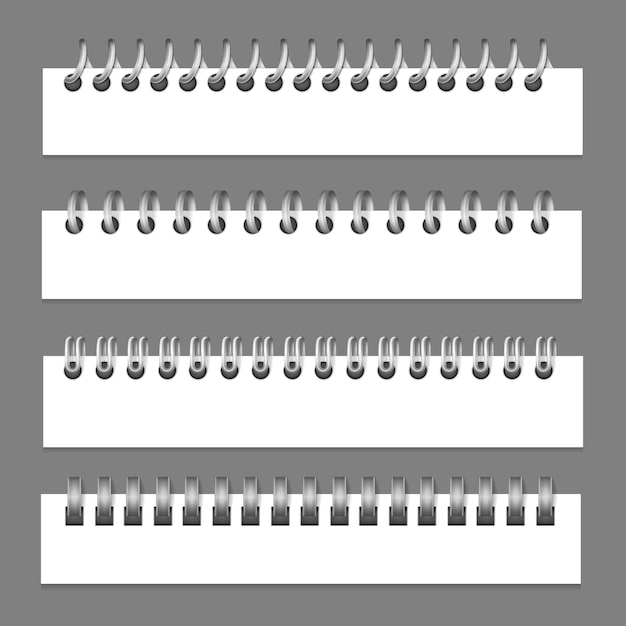 Realistic metal binders paper set of isolated images with top views of notebook sheets with holes vector illustration