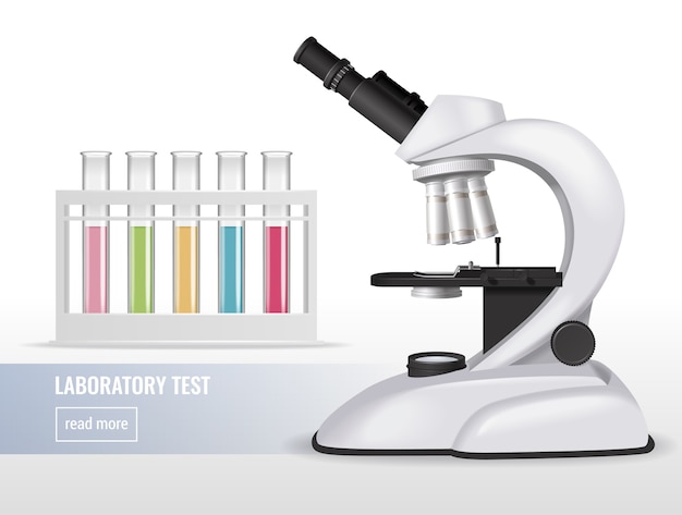 Realistic microscope composition with laboratory test tubes colourful liquids and editable text with read more button