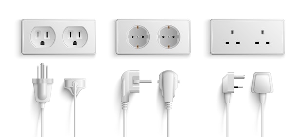 Free vector realistic mockup of electric wall sockets and plugs with different port connectors white set isolated vector illustration