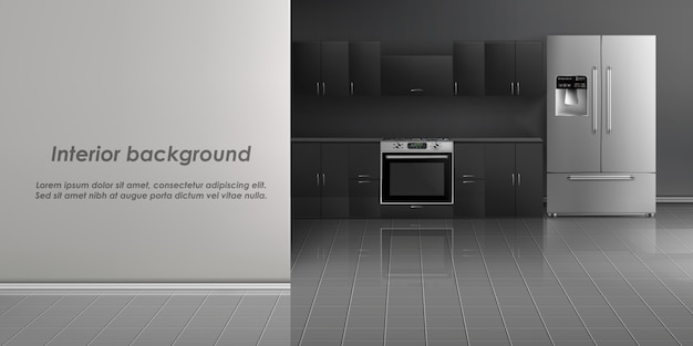 Free Vector realistic mockup of kitchen room interior with household appliances, refrigerator