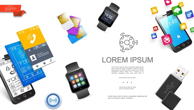 Realistic modern gadgets concept with smartwatches usb flash drive sim cards smartphone mobile interfaces design and application icons  illustration,