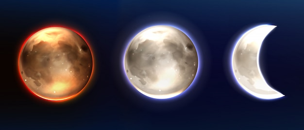 Realistic moon, lunar full and waning phases.