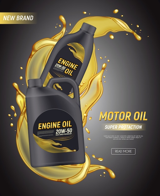 Realistic motor oil poster ads with editable text canister package splashes and drops of engine oil  illustration