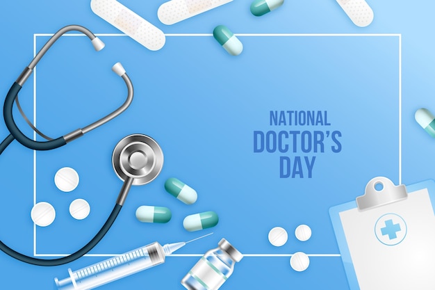 Realistic national doctor's day background with stethoscope and pills