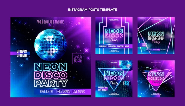 Free vector realistic neon disco party instagram post