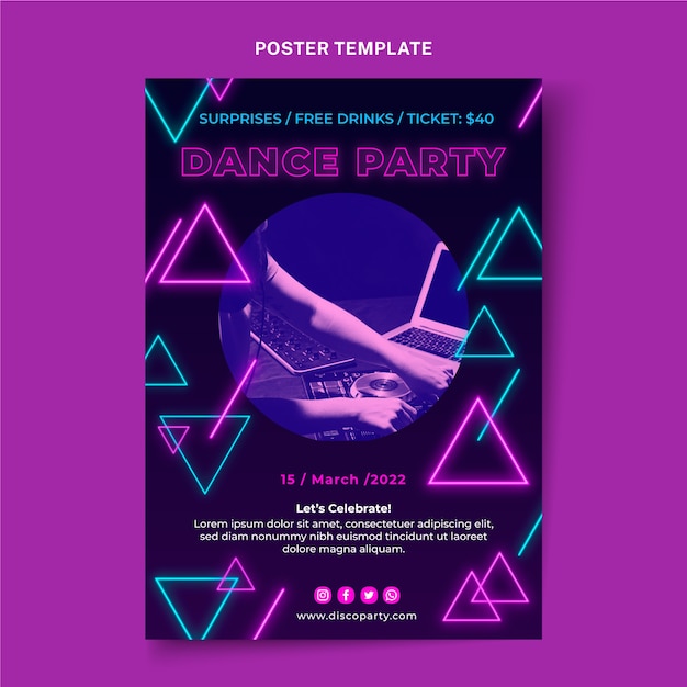 Free Vector realistic neon disco party poster template