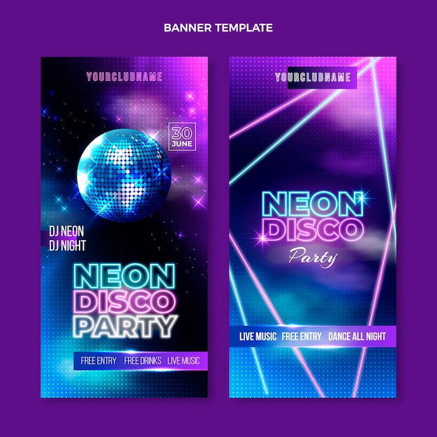 Realistic neon disco party vertical banners