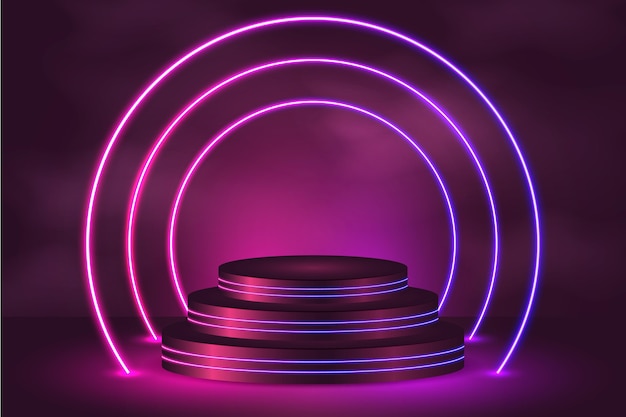 Realistic neon lights background with podium