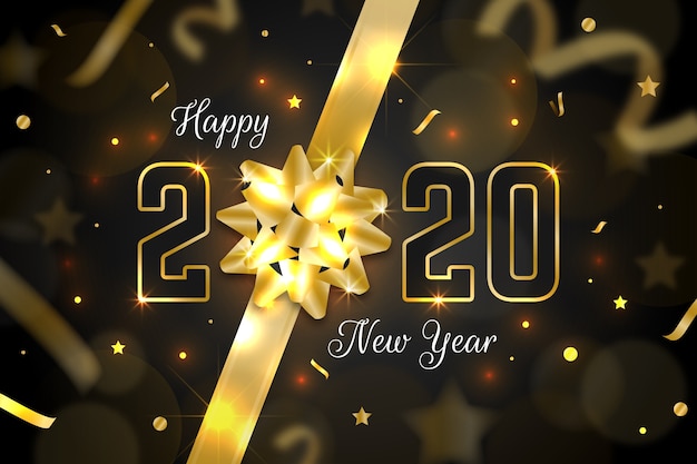 Realistic new year 2020 background with golden gift bow