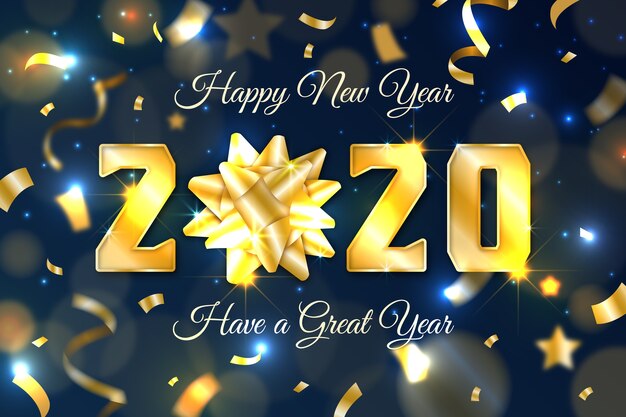 Realistic new year 2020 background with golden gift bow