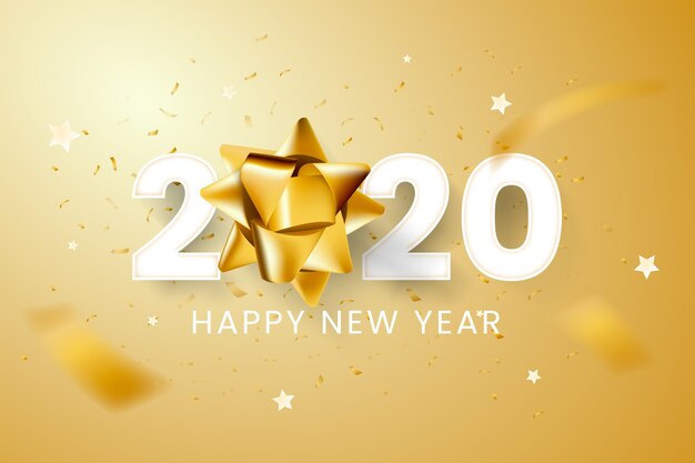 Realistic new year 2020 background with golden gift bow