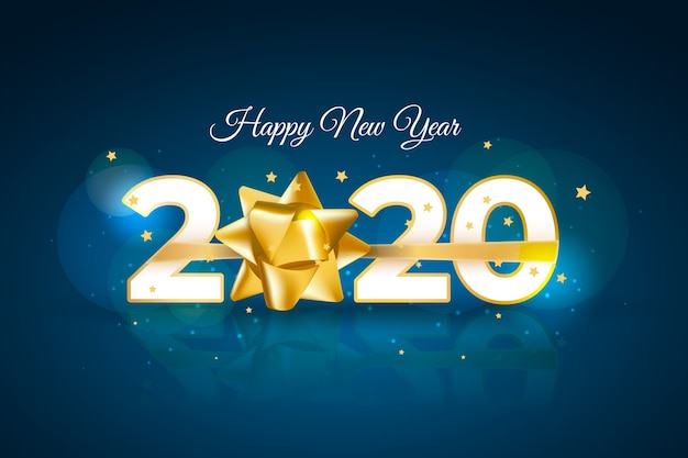 Realistic new year 2020 background with golden gift bow