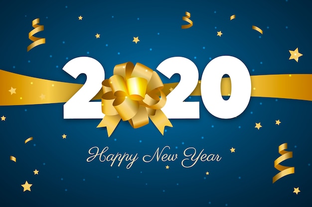 Realistic new year 2020 background with golden gift bow