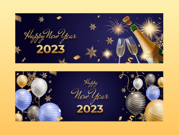 Realistic new year 2023 horizontal banners set