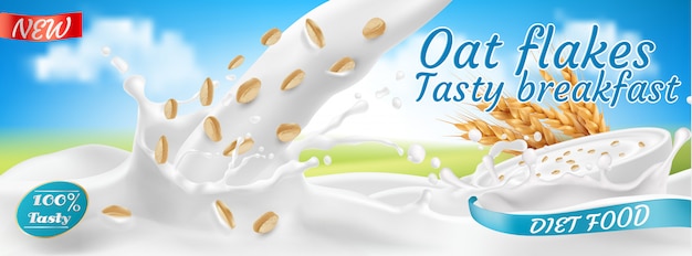 Free vector realistic oat flakes in milk, package. rolled grains in white bowl with splashing