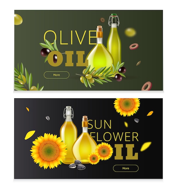 Realistic oil product horizontal banner set with olive oil and sunflower oil headlines