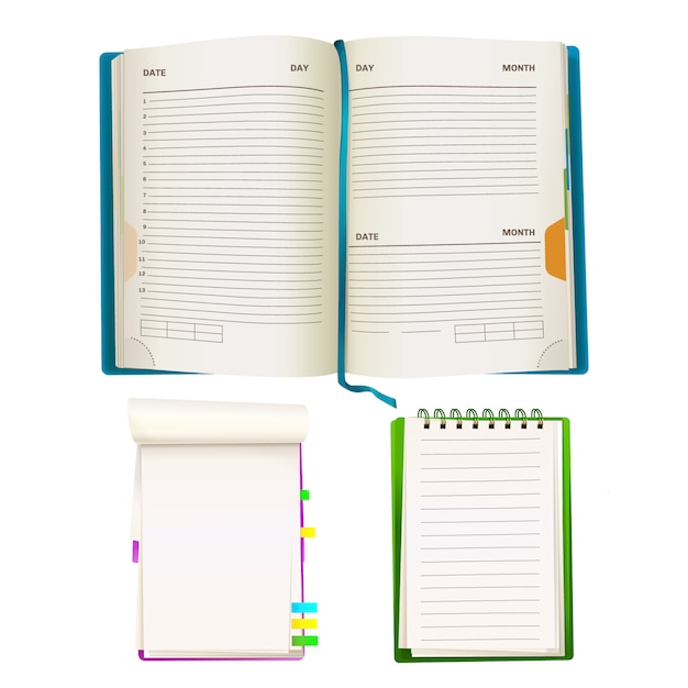 Free Vector realistic opened notepad organizer planners with blank paper sheets, spiral binders 