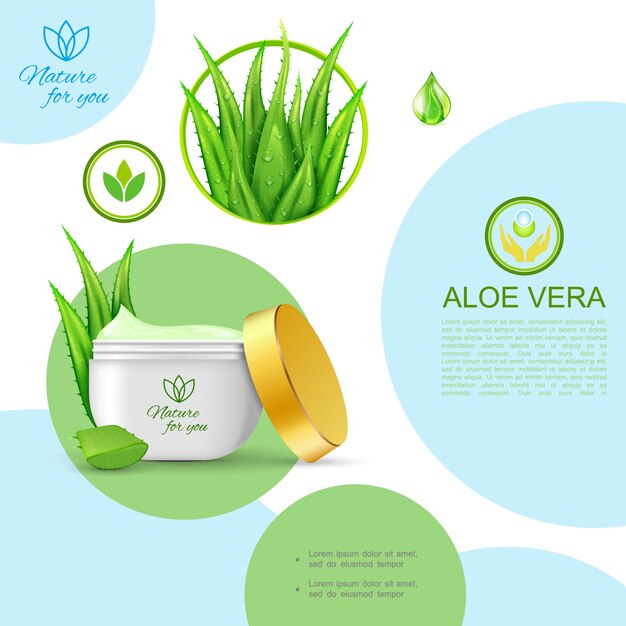 Realistic organic natural cosmetic template with package of skin care healthy cream and aloe vera plant