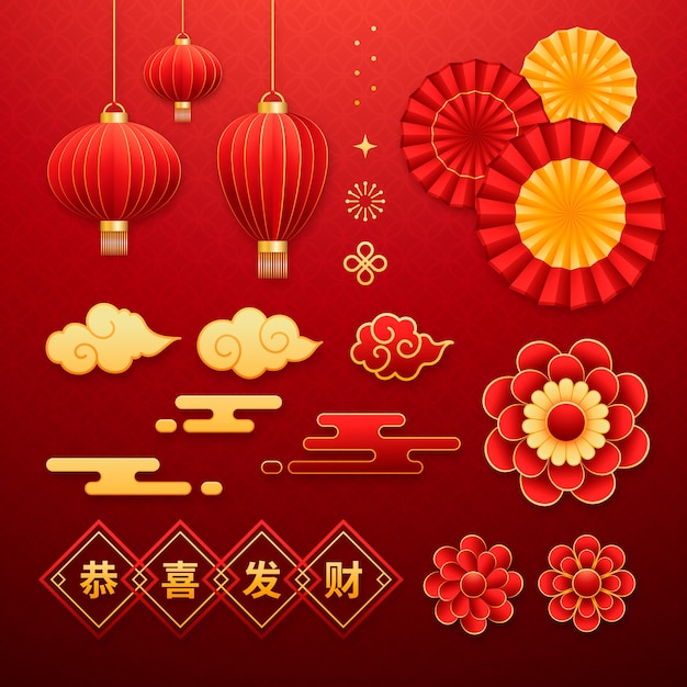 Realistic ornaments collection for chinese new year celebration