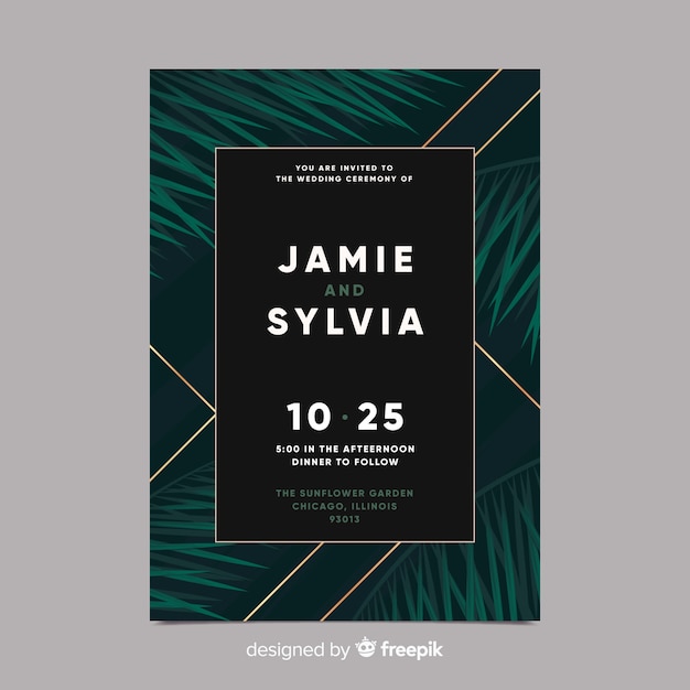 Realistic palm leaves wedding invitation template